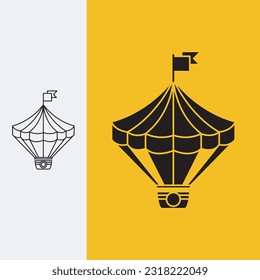 circus tent logo with a hot air balloon combination that has a flag above it, Line art style and silhouette stylish.