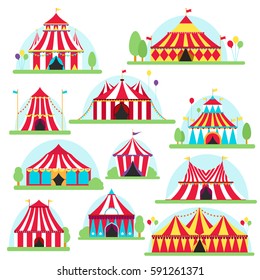 Circus tent marquee with stripes and flags isolated. Ideal for carnival signs