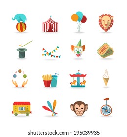 Circus tent with monkey and lion and clown magical wand triks icons set flat isolated vector illustration