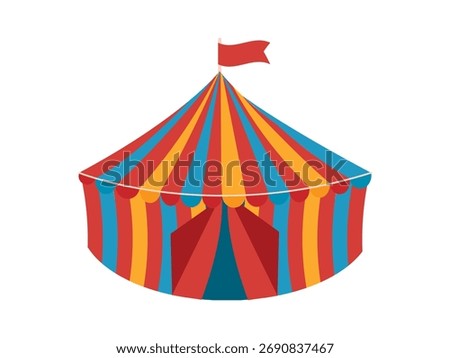 Circus tent on a white background. Vector of circus tent with colorful stripes and a flag on the dome.