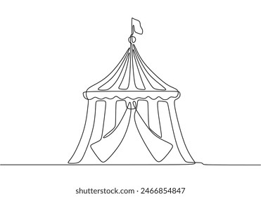 circus tent in one single continuous line drawing style isolated on white background. Festival carnival vector illustration.