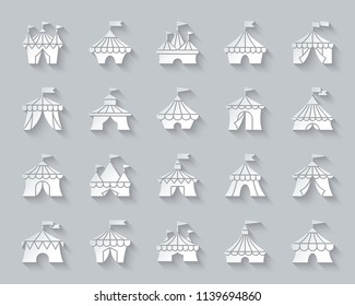 Circus tent paper cut art icons set. 3D sign kit of carnival. Cirque canopy pictogram collection includes marquee striped border, awning. Simple circus vector paper carved icon. Material design symbol