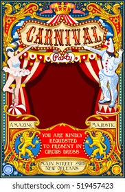 Circus tent people artist fairground show big top Template design. Poster Invite Kids Birthday Party. Carnival Cabaret Vintage vector background. Crazy Clown family amusement park theme illustration