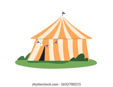 Circus tent for performance in amusement park. Marquee with flag on top, big striped canopy with entrance in carnival, festival, funfair. Flat isolated vector illustration on white background.