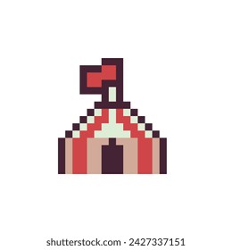 Circus Tent Pixel Art Icon. Sticker design. 8-bit. Isolated vector illustration.