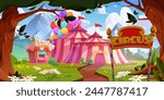 Circus tent and popcorn stall in forest near mountains. amusement park with entrance and path to carnival entertainment. Cartoon vector illustration of travel fun fair theater arena outdoor.