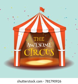 Circus tent poster. Circus retro invitation event. Fun carnival vector illustration. Amusement performance.