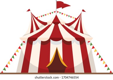 Circus tent with a red flag on the roof isolated on white background. Tent circus cartoon style. Vector stock