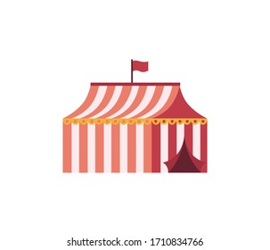 Circus tent in red stripes and flag on top, open building, element of performance, flat design of object. colorful marquee or cirque on white vector