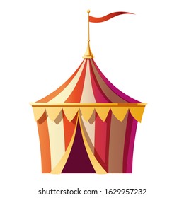 Circus tent with red and white stripes on carnival funfair, amusement park. Vector cartoon icon of small marquee, festival kiosk with flag on top and open entrance isolated on white background