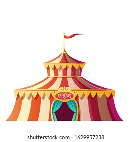Circus tent with red and white stripes on carnival funfair, amusement park. Vector cartoon icon of cirque marquee, festival canopy with flag on top and open entrance isolated on white background