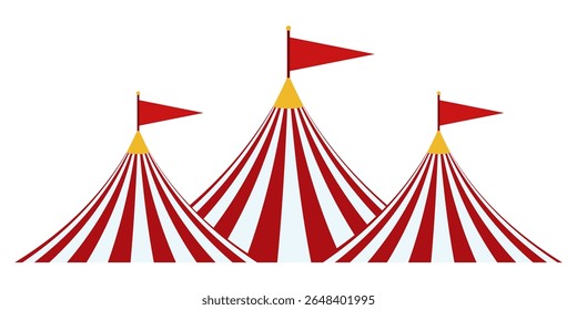 Circus Tent With Red And White Stripes And Flags. Three Festival Marquees For Carnival, Fair Or Entertainment Banner And Poster Design. Vector Illustration 