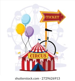 Tenda de circo com listras brancas vermelhas, balões coloridos, sinal de seta de bilhete e roda de monociclo