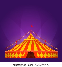 Circus tent in red and yellow colors with searchlight on purple background. Vector illustration