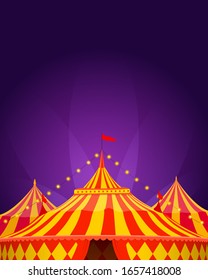 Circus tent in red and yellow colors with searchlight on purple background. Poster template. Vector illustration