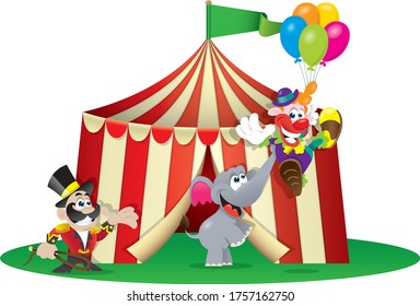 Circus tent ringmaster elephant and clown