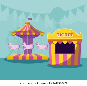 circus tent sale ticket with carousel of unicorns