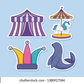 circus tent with set icons of circus