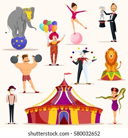 Circus tent and set of isolated icons for strong man holding barbell weights, lion and elephant on ball, meme artist and clown with balloons, woman on ball and magician with rabbit in hat, juggler