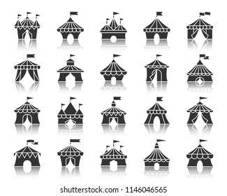 Circus tent silhouette icons set. Sign kit of carnival. Cirque Canopy pictogram collection includes marquee, striped border, awning. Simple vector black symbol. Circus Tent shape icon with reflection