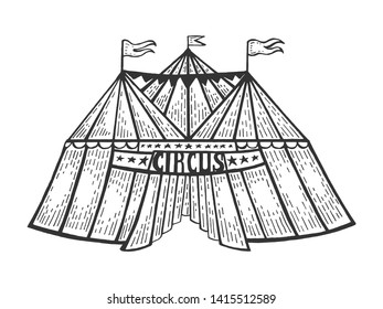 Circus tent sketch engraving vector illustration. Scratch board style imitation. Black and white hand drawn image.