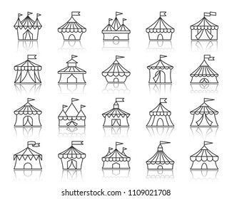 Circus tent thin line icons set. Outline web sign kit of carnival. Cirque canopy linear icon collection includes marquee, striped border, awning. Circus tent simple black vector symbol with reflection