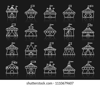 Circus tent thin line icons set. Outline web sign kit of carnival. Cirque canopy linear icon collection includes marquee, striped border, awning. 