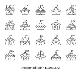 Circus tent thin line icons set. Outline web sign kit of carnival. Cirque Canopy linear icon collection includes marquee, striped border, awning. Simple circus tent symbol isolated Vector Illustration