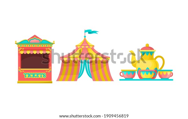 Circus Tent,\
Ticket Stand and Merry-go-round with Cups as Amusement or\
Entertainment Park Attractions Vector\
Set