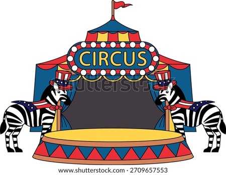 A circus tent with two zebras in front of it