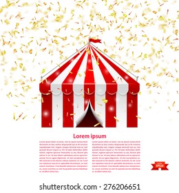 Circus tent under a rain of confetti. Vector illustration