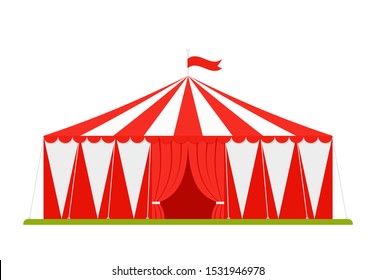 Circus tent. Vector.  Carnival marquee with opened entrance and flag in flat design. Festival red white traditional cirque. Canopy striped arena icon, isolated. Cartoon illustration.
