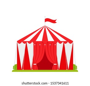 Circus tent. Vector. Carnival marquee. Flat design. Festival red white traditional cirque with opened entrance and flag. Canopy striped arena icon, isolated. Cartoon illustration.