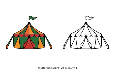 Circus Tent Vector Icon Set in Color and Outline Style for Festival and Carnival Design	
