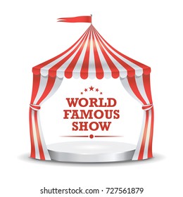 Circus Tent Vector. Red And White Stripes. Cartoon Circus Classic Marquee Tent. Isolated Illustration