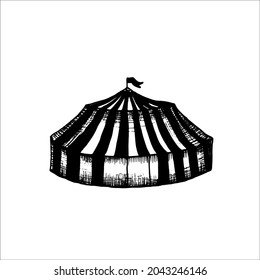 circus tent with vertical stripes with a flag on top - vector drawing in engraving style 