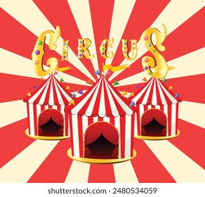 Circus tent. Vintage circus banner with bright colorful bulbs,dome tent, highlights, ribbon and garlands. Fun fair vector poster. 