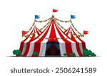 Circus tent, vintage funfair carnival marquee for amusement park show, cartoon vector. Circus top tent marquee with entrance and flags for magic fair or funfair carnival show with red and white stipes