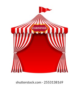 Circus tent, vintage funfair carnival marquee for amusement park show, cartoon vector. Circus top tent marquee with flags for magic fair or funfair carnival show with red and white stipes