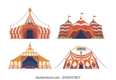 Tiendas De Circo, Coloridas, Estructuras Altísimas, Marquesina A Rayas Deslumbran Con Tonos Vibrantes, Ilustración vectorial De Dibujos Animados