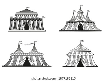 Circus tents in engraving style. Different objects of amusement park.