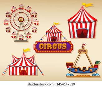 Circus tents and sign on brown background illustration