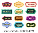 Circus text emblems. Retro style signboards for show, entertainment, carnival. Decorative signs vintage design for ticket sale, advertising banner, sapid vector set
