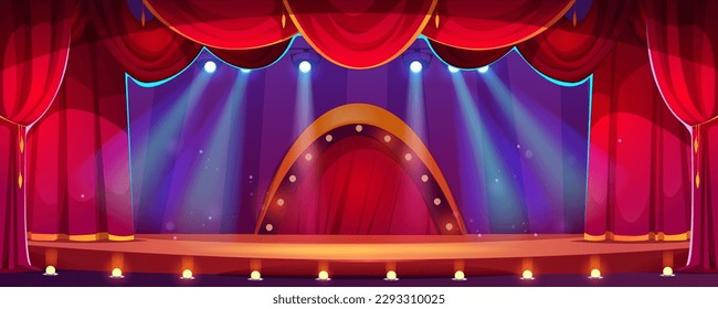 Circo o escenario de teatro con cortinas rojas y arco con bombillas en el fondo. Mostrar estudio con escena vacía con focos y dibujos animados vectoriales