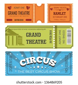 Circus and theater ticket admission or pass entertainment industry vector paper cards to watch play or show and performance pillars and theatrical masks silhouettes stars and spotlight barcode.