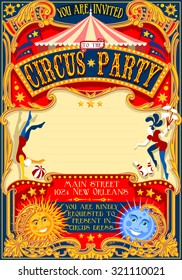 Circus Theatre Fairground Retro Template Poster Invite. Kid Game Birthday Party. Carnival Festival Background Cirque Amusement Family Park Cabaret Vintage Vector Big Top Marquee Juggler Clown Theme