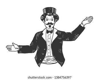 Circus theatrical Master of ceremonies entertainer sketch engraving vector illustration. Scratch board style imitation. Black and white hand drawn image.