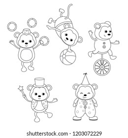 Circus theme. Coloring book. Set of circus monkey with different actions.