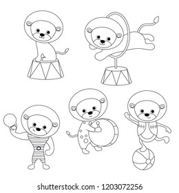 Circus theme. Coloring book. Set of circus lions with different actions.