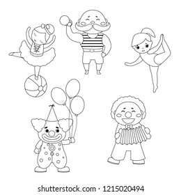 Circus theme. Coloring book. Set of circus artists with different actions. Includes gymnast, acrobat artist, clown et?.